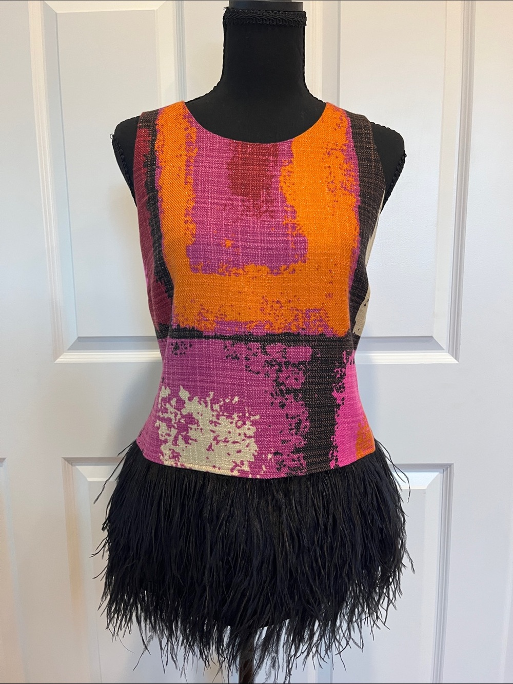 JB by Julie Brown Abstract Colorblock Feather-Hem Tank in Pink, Orange & Black